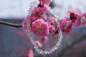 ハーキマーダイヤモンドブレスレットを桃の花にかけたところ